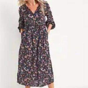 Old Navy Puff-Sleeved Floral-Print Midi Poet Swing Dress - Size XL